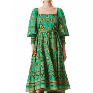 ALICE + OLIVIA Rowen Ikat Midi Dress |Medium | Green Batik Print | Boho Style